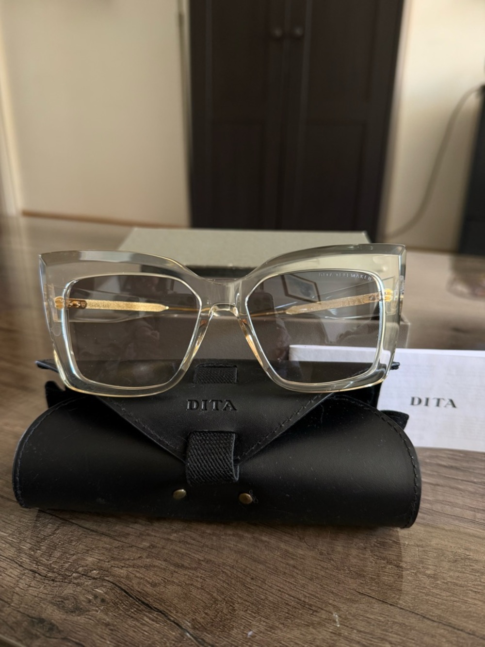 DITA Women's Translucent Champagne Square Sunglasses with Gold Temples